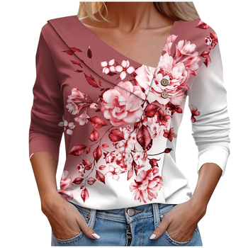 Κατασκευαστής ευρωπαϊκού και αμερικανικού διασυνοριακού Amazon για την άνοιξη και το φθινόπωρο, δημοφιλές γυναικείο μπλουζάκι με μακριά μανίκια, πολύχρωμο μπλουζάκι με μεγάλο τυπωμένο λουλούδι