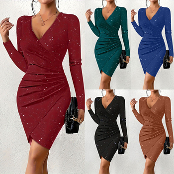 2024. aasta kevad- ja sügisene uus piiriülene Amazoni soov AliExpressist pärit Euroopa ja Ameerika naiste ühevärviline välklambiga elegantne kleit