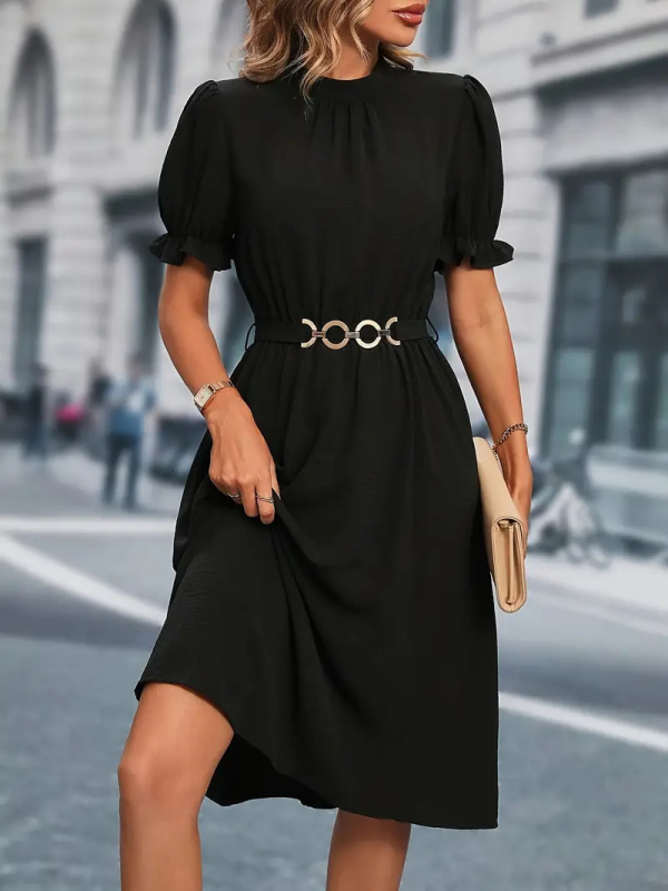 Elegantiškas juodas A formos sijonas, skirtas užsienio prekybai, su žibinto formos rankovėmis ir diržu, iš poliesterio, apvalus