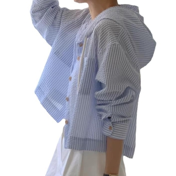 Korea suvise temperamendiga mitmekülgne üherealine triibuline kontrastvärvi lühike lahtine pikkade varrukatega päikesekaitsega kapuutsiga särk naistele