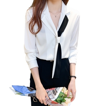 Шифонена риза с трансграничен дизайн, пролет и есен 2025, нова, корейска, стилна, с яка, шифонена риза, черно-бяла, контрастираща на цвят, базова риза с папионка за жени
