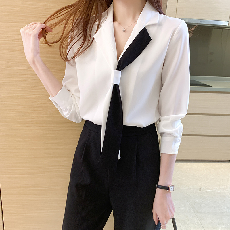 Határokon átnyúló sifon ing 2025 tavaszi és őszi új koreai stílusú öltönygalléros sifon ing, fekete-fehér kontrasztos színű, csokornyakkendős ing nőknek