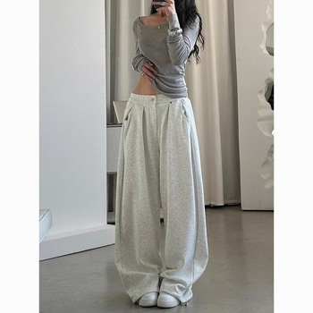 2025 Нови спортни панталони Lazy, ретро американски стил, свободни дози, ежедневни, широки панталони, светлосиви