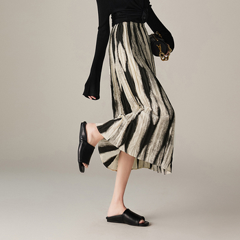 Νέα μόδα για την άνοιξη του 2024, γυναικεία φούστα Miyake με ψηλή μέση και στάμπα σε γραμμή Α, με πλισέ στάμπα και ελαστική μέση