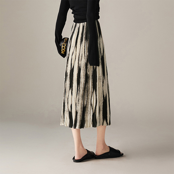 Νέα μόδα για την άνοιξη του 2024, γυναικεία φούστα Miyake με ψηλή μέση και στάμπα σε γραμμή Α, με πλισέ στάμπα και ελαστική μέση