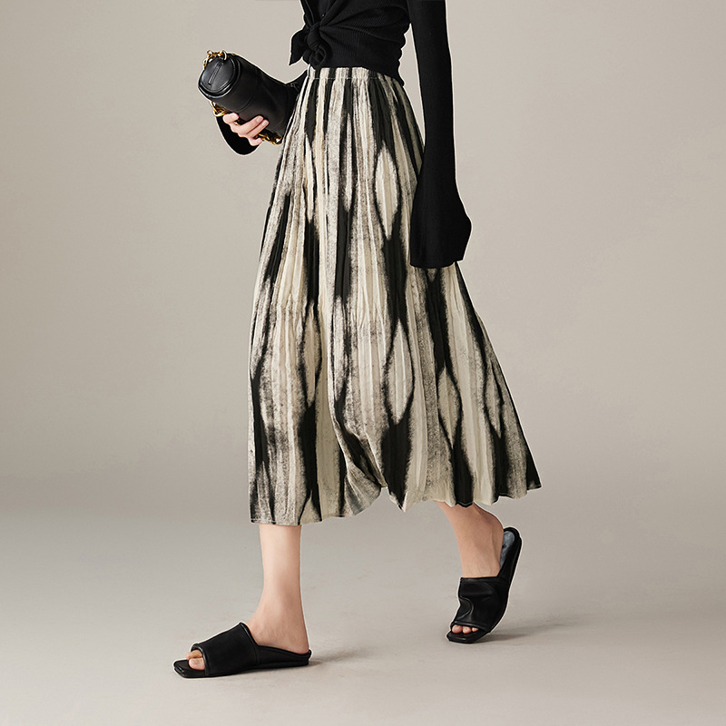 2024 tavaszi új divatos magas derekú, karcsú Miyake rakott, nyomtatott A-vonalú szoknya női rugalmas derékkal