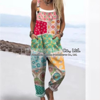 2025 Határokon átnyúló új női ruházat Amazon európai és amerikai nyári 3D nyomtatott gombos nadrágtartók alkalmi nadrágtartók