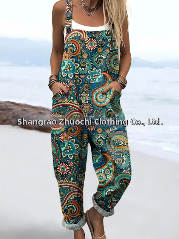 2025 Határokon átnyúló új női ruházat Amazon európai és amerikai nyári 3D nyomtatott gombos nadrágtartók alkalmi nadrágtartók