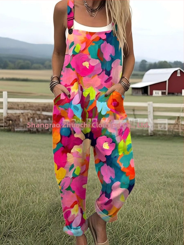 2025 Határokon átnyúló új női ruházat Amazon európai és amerikai nyári 3D nyomtatott gombos nadrágtartók alkalmi nadrágtartók