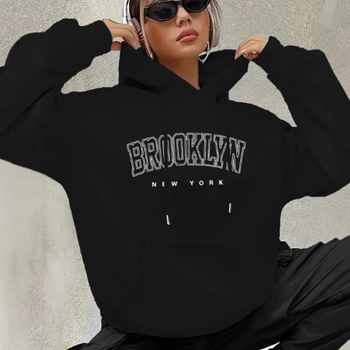 Brooklyn betűs női Boston betűs kapucnis pulóver, húzózsinóros, mintás