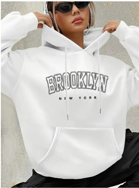 Brooklyn betűs női Boston betűs kapucnis pulóver, húzózsinóros, mintás
