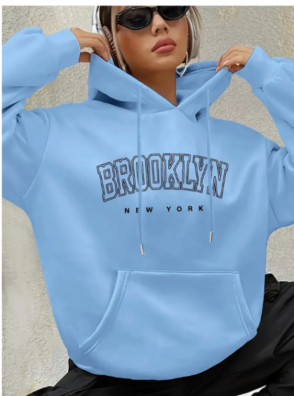 Brooklyn betűs női Boston betűs kapucnis pulóver, húzózsinóros, mintás