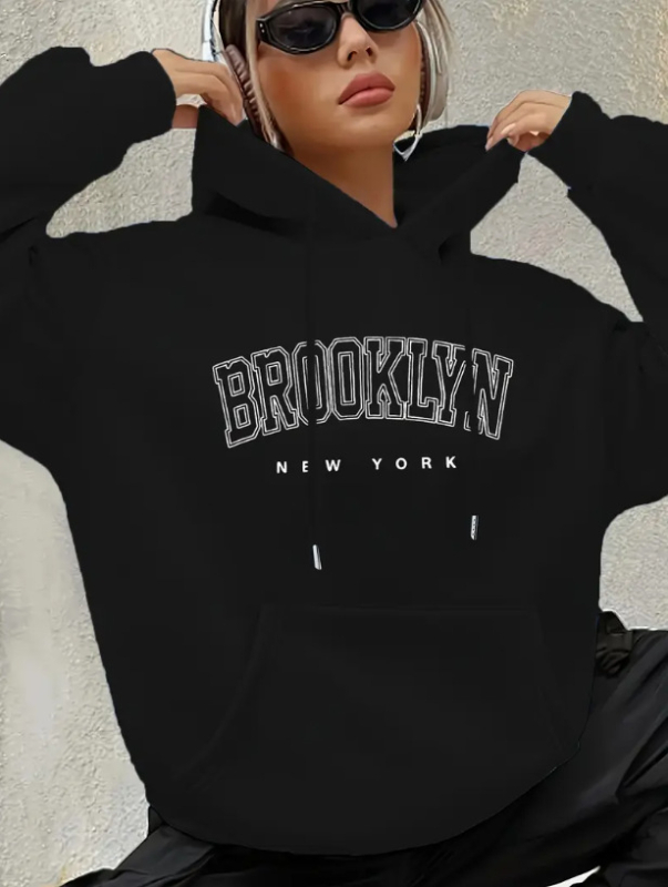 Brooklyn betűs női Boston betűs kapucnis pulóver, húzózsinóros, mintás