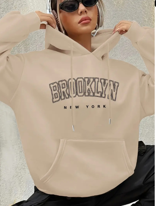Brooklyn betűs női Boston betűs kapucnis pulóver, húzózsinóros, mintás