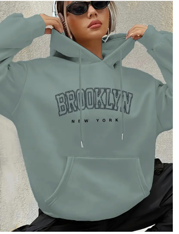 Brooklyn betűs női Boston betűs kapucnis pulóver, húzózsinóros, mintás