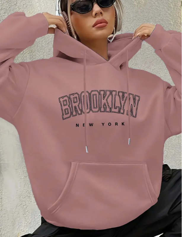 Brooklyn betűs női Boston betűs kapucnis pulóver, húzózsinóros, mintás