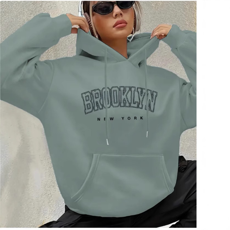Brooklyn betűs női Boston betűs kapucnis pulóver, húzózsinóros, mintás