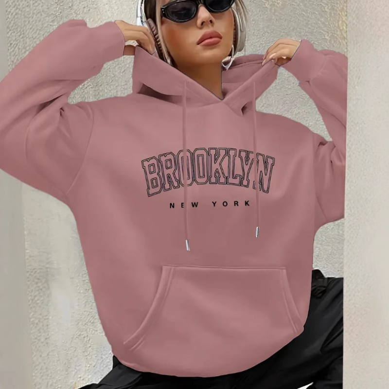 Brooklyn betűs női Boston betűs kapucnis pulóver, húzózsinóros, mintás