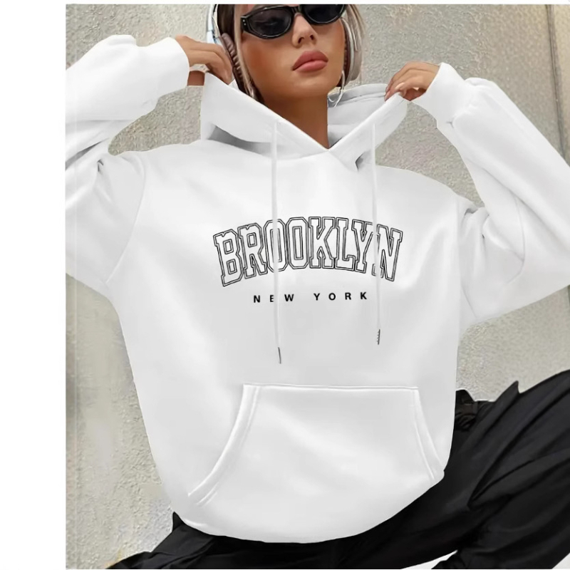Brooklyn betűs női Boston betűs kapucnis pulóver, húzózsinóros, mintás