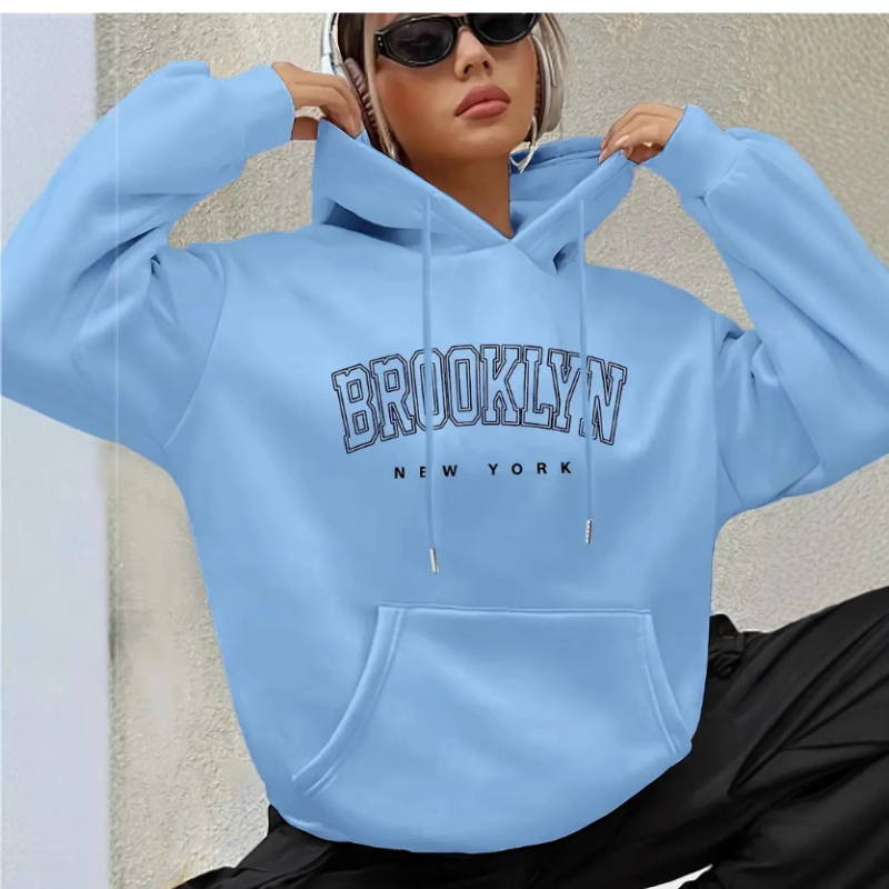 Brooklyn betűs női Boston betűs kapucnis pulóver, húzózsinóros, mintás