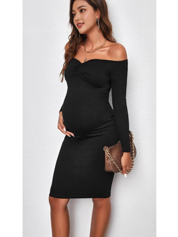 2025 m. nauja vasarinė vienos linijos apykaklės nėščiųjų suknelė su atvirais pečiais ir ilgomis rankovėmis