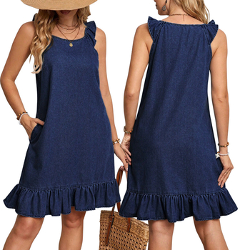 218586 Cross-border női új farmer ruha, kerek nyakú, ujjatlan, rakott szoknya, közvetlen gyári eladás