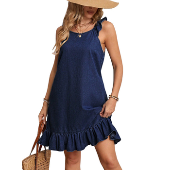 218586 Cross-border női új farmer ruha, kerek nyakú, ujjatlan, rakott szoknya, közvetlen gyári eladás