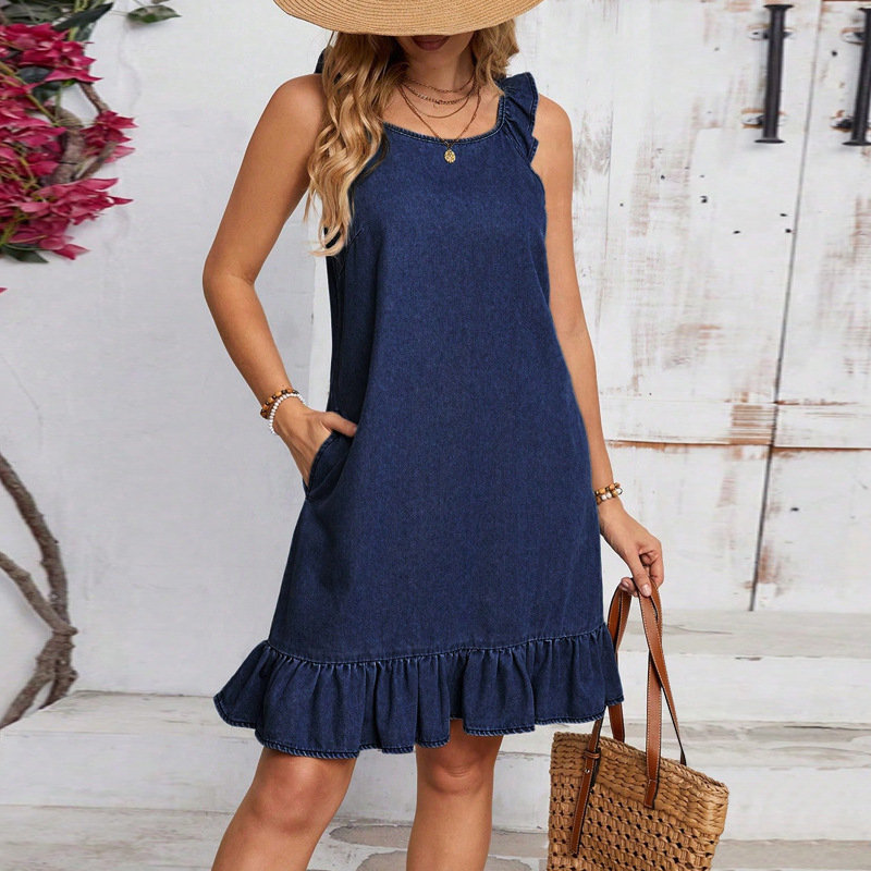 218586 Cross-border női új farmer ruha, kerek nyakú, ujjatlan, rakott szoknya, közvetlen gyári eladás