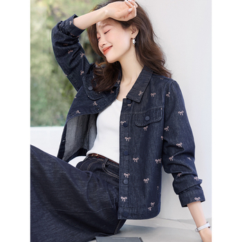 Ανθεκτικό στη φθορά και εύκολο στη χρήση, casual ρετρό τζάκετ με φιόγκο στο πέτο. Τζιν παλτό, ανοιξιάτικο και φθινοπωρινό, νέο γυναικείο παλτό.