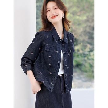 Ανθεκτικό στη φθορά και εύκολο στη χρήση, casual ρετρό τζάκετ με φιόγκο στο πέτο. Τζιν παλτό, ανοιξιάτικο και φθινοπωρινό, νέο γυναικείο παλτό.