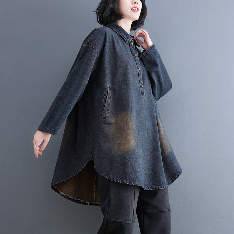 Päris laos olev kevadine uus Korea stiilis lahtine ebakorrapärane pikkade varrukatega teksariidest särkkleit naistele