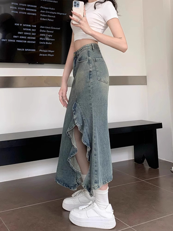 Γυναικεία φούστα τζιν ρετρό 2025, καλοκαιρινή, ψηλόμεση, ευέλικτη φούστα που αγκαλιάζει τους γοφούς, σε γραμμή Α, για μικρόσωμα άτομα