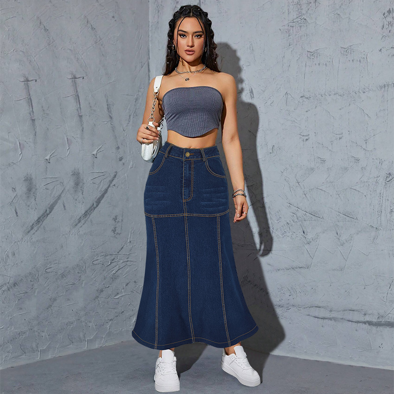 218553 Határokon átnyúló, európai és amerikai stílusú, klasszikus, sokoldalú, új, farmer hosszú szoknya, közvetlen gyári értékesítés