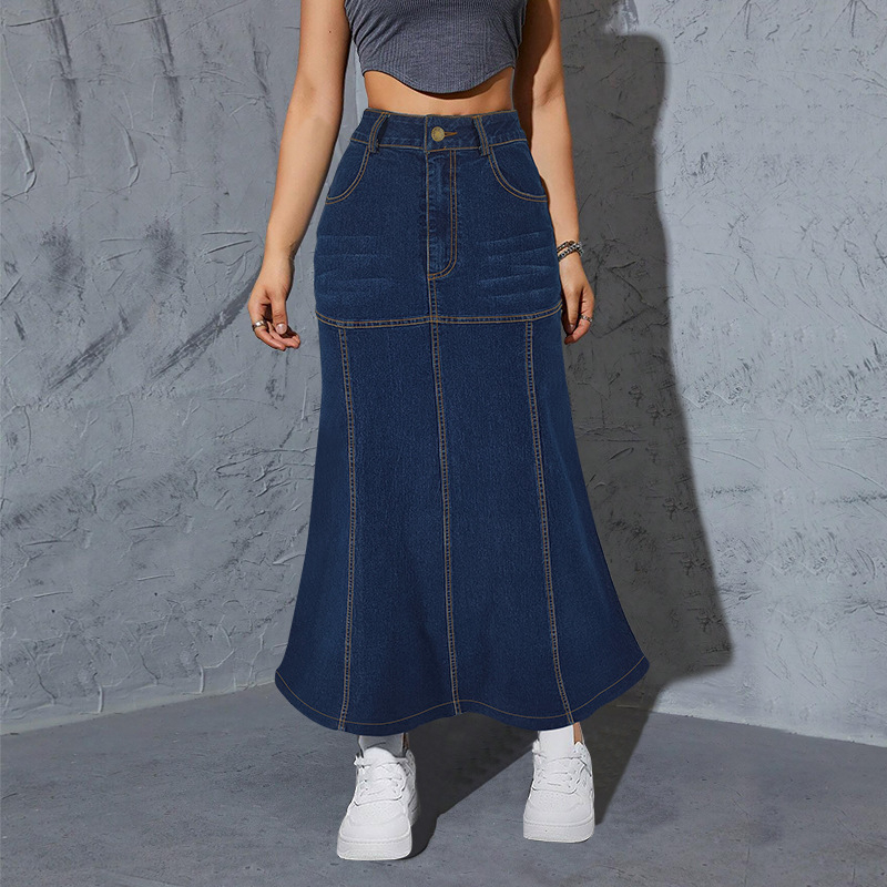 218553 Határokon átnyúló, európai és amerikai stílusú, klasszikus, sokoldalú, új, farmer hosszú szoknya, közvetlen gyári értékesítés