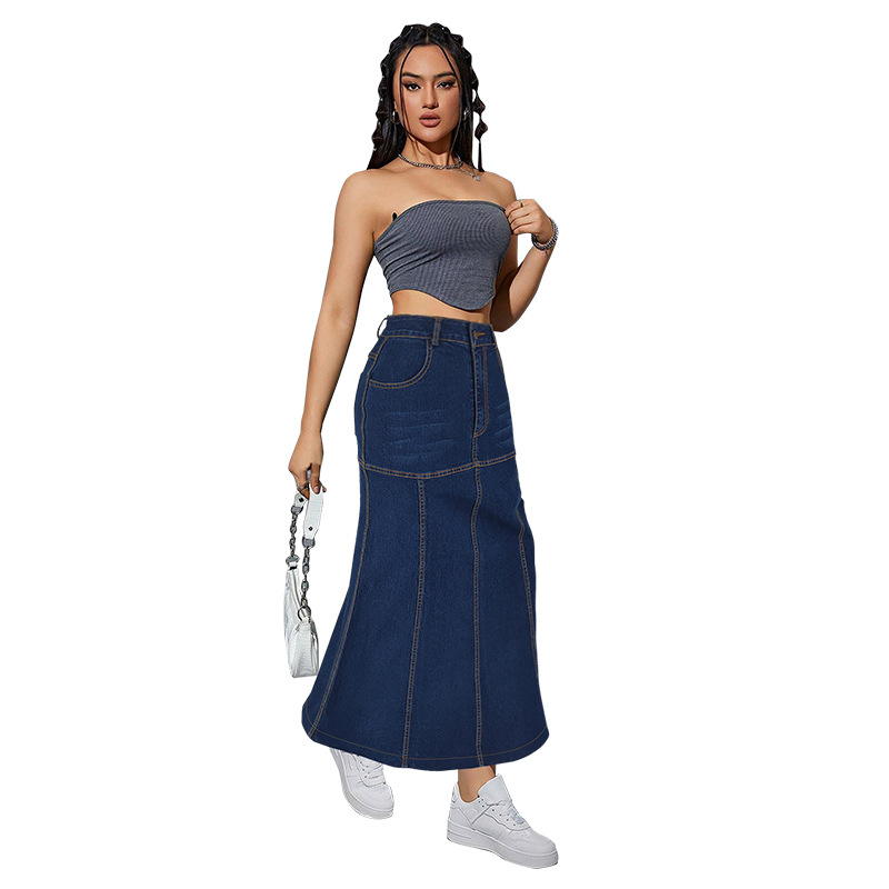 218553 Határokon átnyúló, európai és amerikai stílusú, klasszikus, sokoldalú, új, farmer hosszú szoknya, közvetlen gyári értékesítés