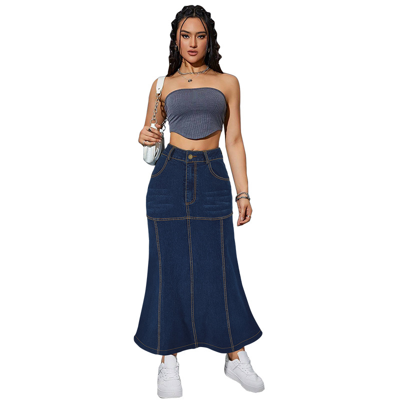 218553 Határokon átnyúló, európai és amerikai stílusú, klasszikus, sokoldalú, új, farmer hosszú szoknya, közvetlen gyári értékesítés