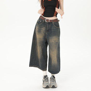 American Retro High Street rövidített farmernadrág nőknek 2025 nyári, mosott, vintage dizájnú, laza, egyenes, divatos, bő szárú nadrág