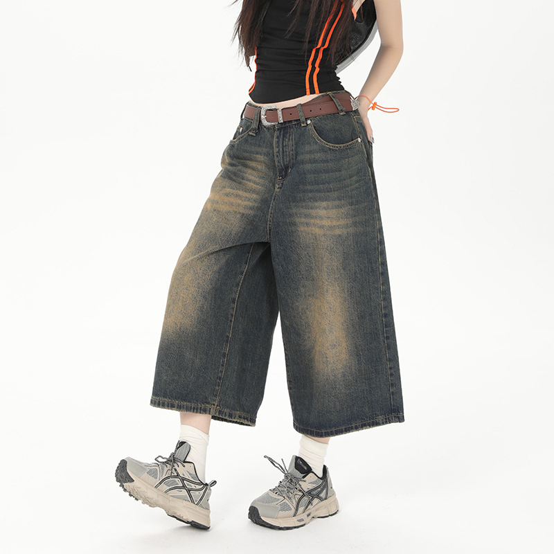 American Retro High Street rövidített farmernadrág nőknek 2025 nyári, mosott, vintage dizájnú, laza, egyenes, divatos, bő szárú nadrág