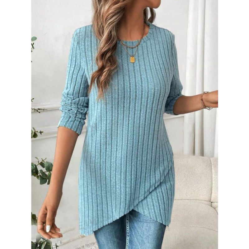 Amazon Európa és az Egyesült Államok határokon átnyúló új női tavaszi és őszi hosszú ujjú, kerek nyakú, gödrös szegélyű, szabálytalan női felső