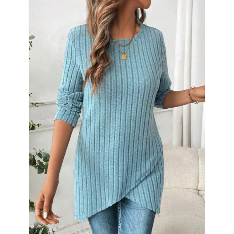 Amazon Európa és az Egyesült Államok határokon átnyúló új női tavaszi és őszi hosszú ujjú, kerek nyakú, gödrös szegélyű, szabálytalan női felső