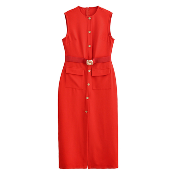 Külkereskedelmi Nagykereskedelmi Tavaszi Új Európai és Amerikai Stílusú Krepp Ujjatlan Midi Ruha Övvel 3597054