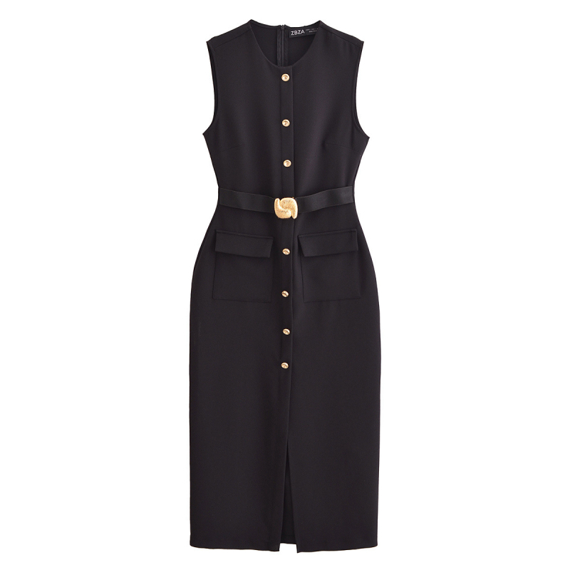 Külkereskedelmi Nagykereskedelmi Tavaszi Új Európai és Amerikai Stílusú Krepp Ujjatlan Midi Ruha Övvel 3597054