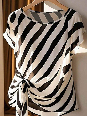 2025. aasta Euroopa ja Ameerika piiriülesed suvised uued pluss-suuruses naiste topid, vabaaja ja mugavad triibulised trükitud ümara kaelusega rihmadega T-särk