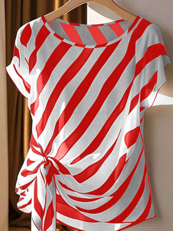 2025. aasta Euroopa ja Ameerika piiriülesed suvised uued pluss-suuruses naiste topid, vabaaja ja mugavad triibulised trükitud ümara kaelusega rihmadega T-särk