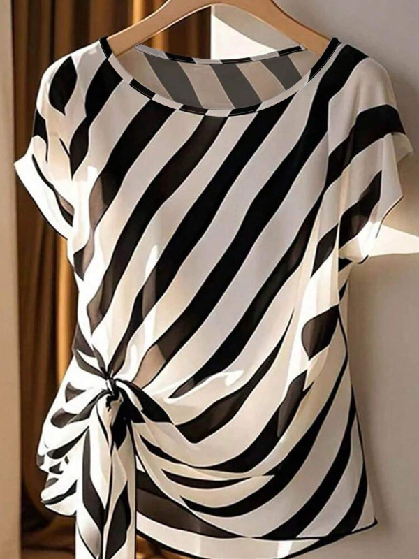 2025. aasta Euroopa ja Ameerika piiriülesed suvised uued pluss-suuruses naiste topid, vabaaja ja mugavad triibulised trükitud ümara kaelusega rihmadega T-särk