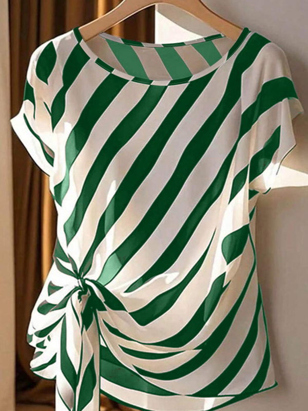 2025. aasta Euroopa ja Ameerika piiriülesed suvised uued pluss-suuruses naiste topid, vabaaja ja mugavad triibulised trükitud ümara kaelusega rihmadega T-särk