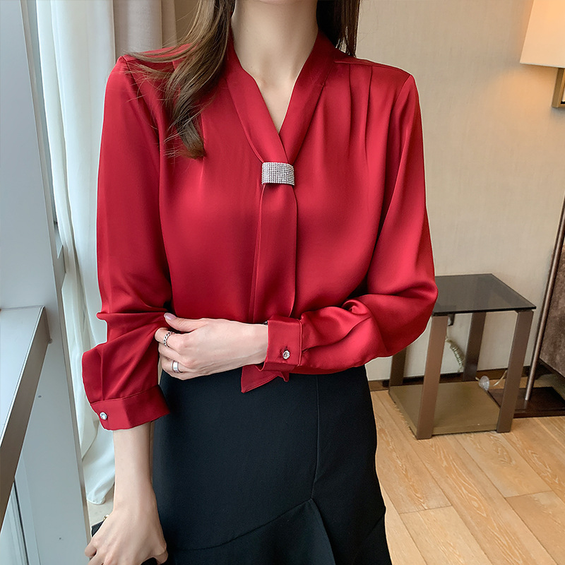 Γυναικείο πουκάμισο με V-Neck σε κόκκινο χρώμα, ανοιξιάτικο επαγγελματικό κοστούμι, κομψό πουκάμισο με μακριά μανίκια από σιφόν Goddess Fan