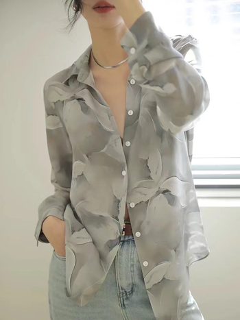 Лека, обикновена копринена риза в национален стил с щампа, дамска сива, нова, свободна, домашно приготвена копринена риза от черничева коприна, пролет 2024