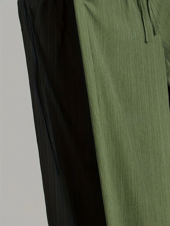 2025-ös új divatos, lezser, vékony, drapézott, magas derekú, egyszínű, húzózsinóros, laza, texturált, hosszú, széles szárú nadrág