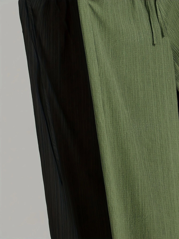 2025-ös új divatos, lezser, vékony, drapézott, magas derekú, egyszínű, húzózsinóros, laza, texturált, hosszú, széles szárú nadrág